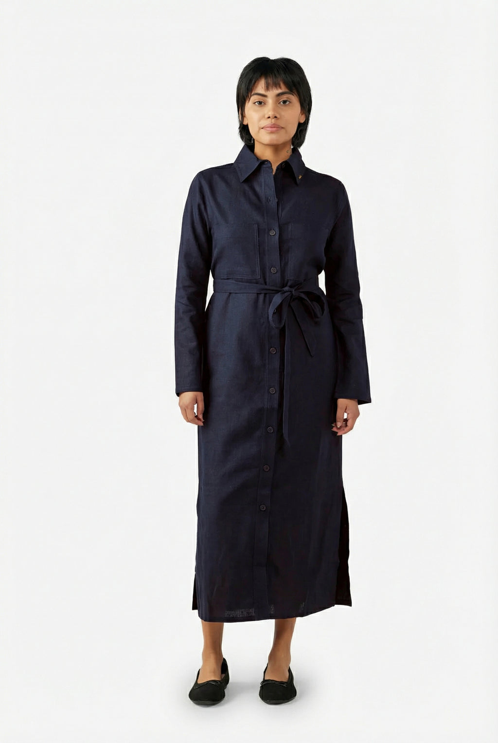 Women's Shirt Dress with Self Fabric Belt, Long Sleeve